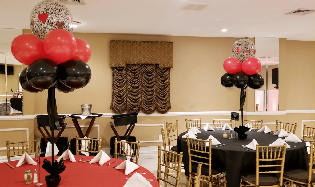 Balloons Lane Balloon delivery NYC in use colors Ruby Red Black and White balloons casino theme party balloons centerpieces For Birthday Party