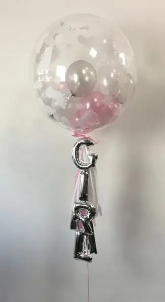 pink and silver-gray confetti balloons, with large round balloons and smaller balloons inside.