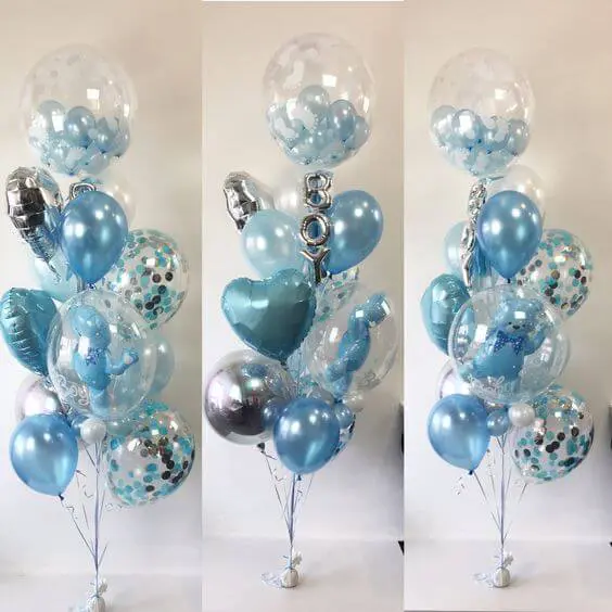 Balloons Lane in Staten Island offers blue and silver balloons with heart designs, along with silver confetti balloons and blue confetti balloons.