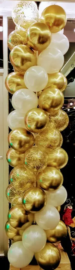 Gold and gold chrome confetti balloon column by Balloons Lane in NYC for decoration.