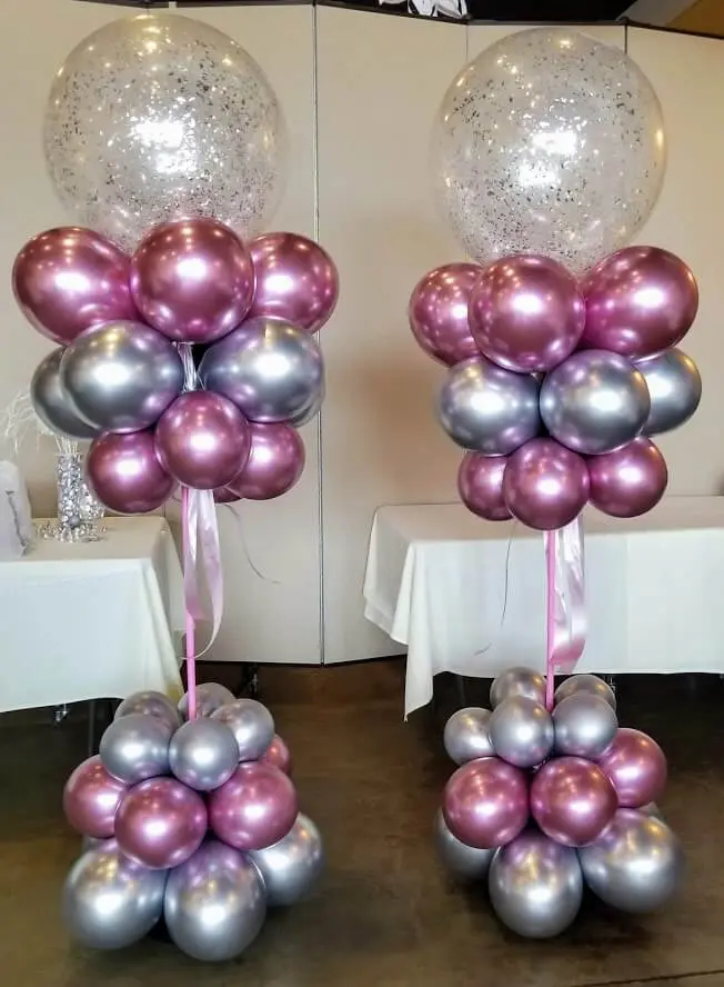 Metallic pink and silver latex balloon column by Balloons Lane in NJ for special occasion.
