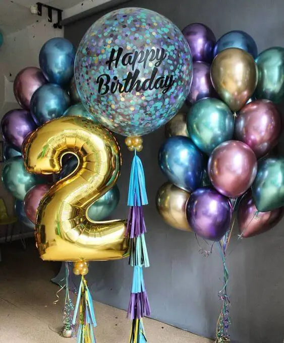 Chrome® Purple Chrome® Mauve Chrome® Blue Chrome® Green Chrome® Gold mix colors chrome balloons with big number 2 balloon for 2nd Birthday