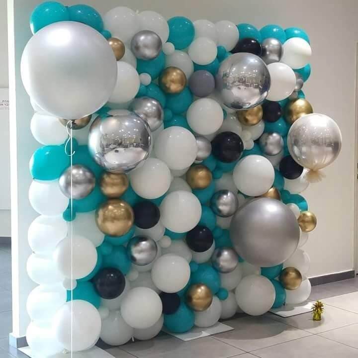 Balloons Lane Balloon delivery in Staten Island use colors Silver Gold Black Caribbean Blue and White balloons Anniversary for arch