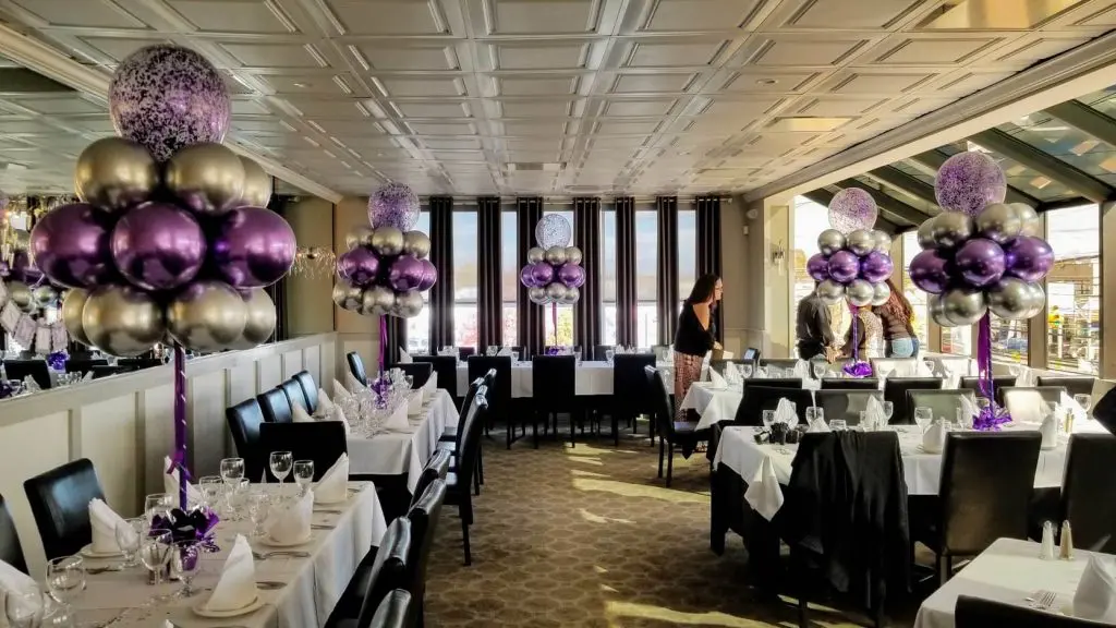 Purple and Silver Chrome Balloons with Clear Purple Confetti Balloon Centerpieces and Glow in the Dark Balloon Centerpieces for Anniversary Party