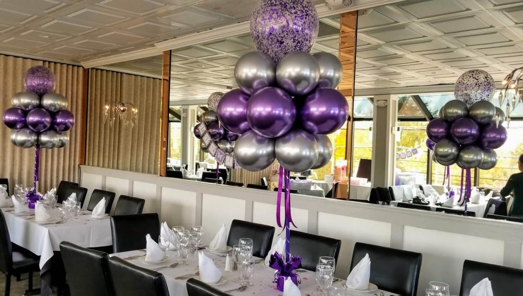 Balloons Lane Balloon delivery Manhattan in use Colorspurple and silver latex chrome balloon with clear purple confetti balloon for bridal shower centerpiece for Event Party