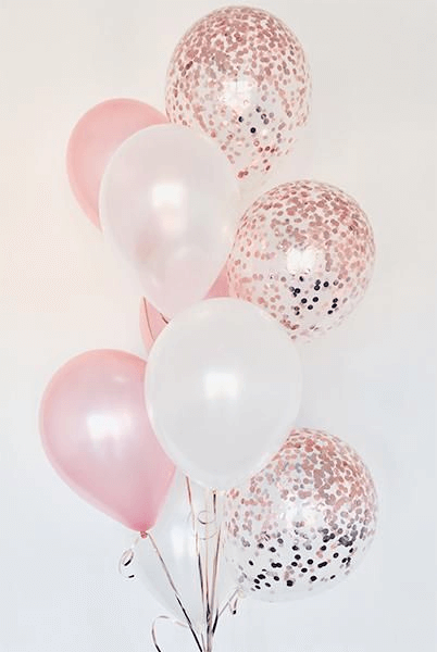 Balloons Lane in Brooklyn offers rose gold, pink, and white confetti balloons, along with rose gold engagement balloons, for a stunning confetti balloon bouquet delivery.