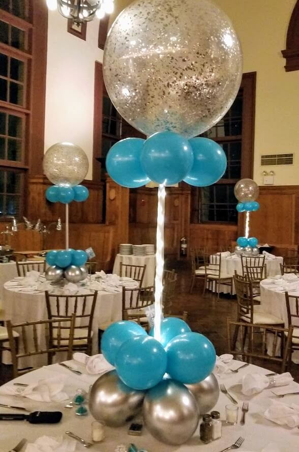 Balloons Lane Balloon delivery NJ in using colors tiffany blue and silver latex confetti balloons for sweet 16 birthday Centerpiece for birthday Party