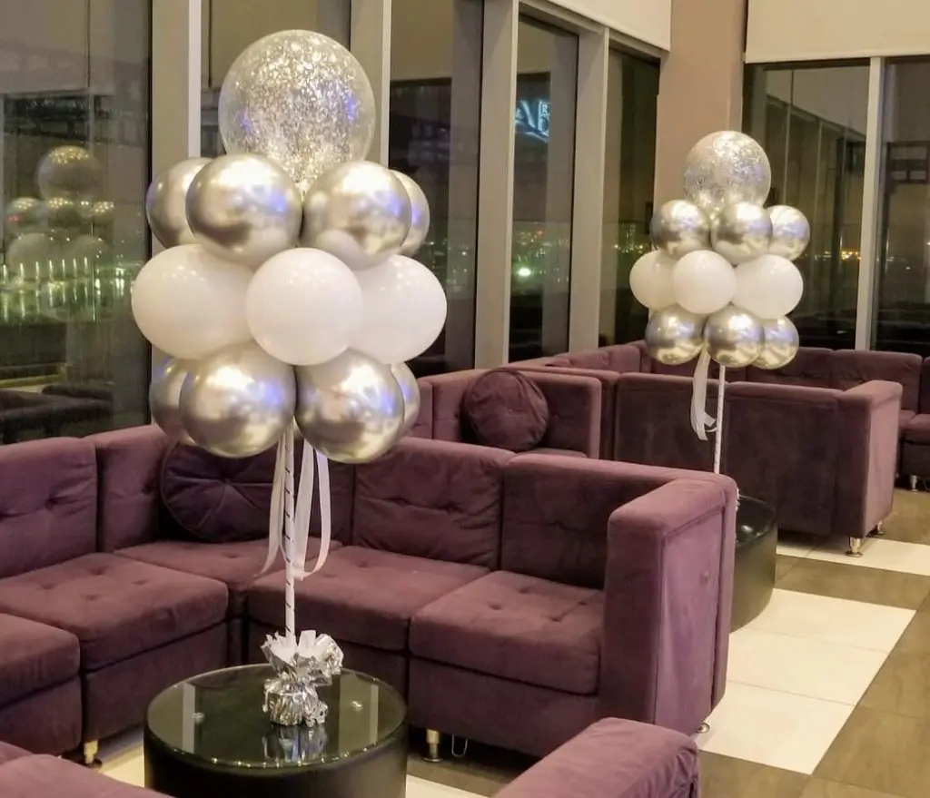White and chrome silver latex balloons Column. The versatility of this decoration makes it a popular choice for adding a touch of fun and excitement to any occasion.