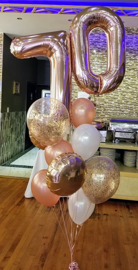 Balloons Lane Balloon delivery New York City in using colors White Rose gold Chrome Gold confetti balloons 70th birthday rose gold balloons With Number for Birthday Party