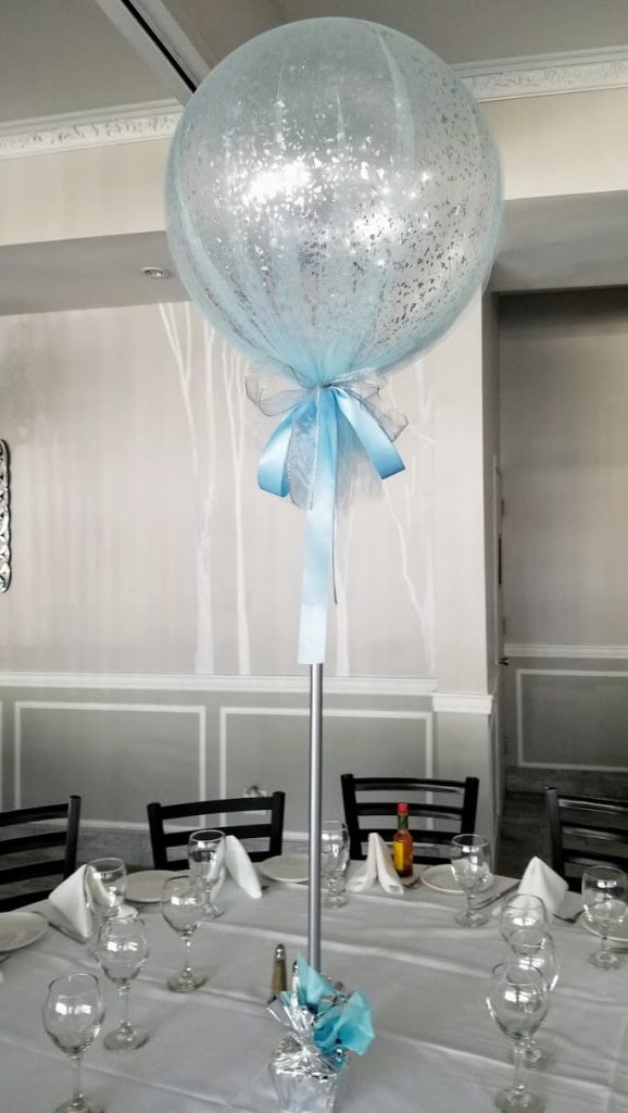 Balloons Lane Balloon delivery NJ in use colors baby blue and silver tulle christening balloons tulle covered balloons for ​Confetti For Event Party