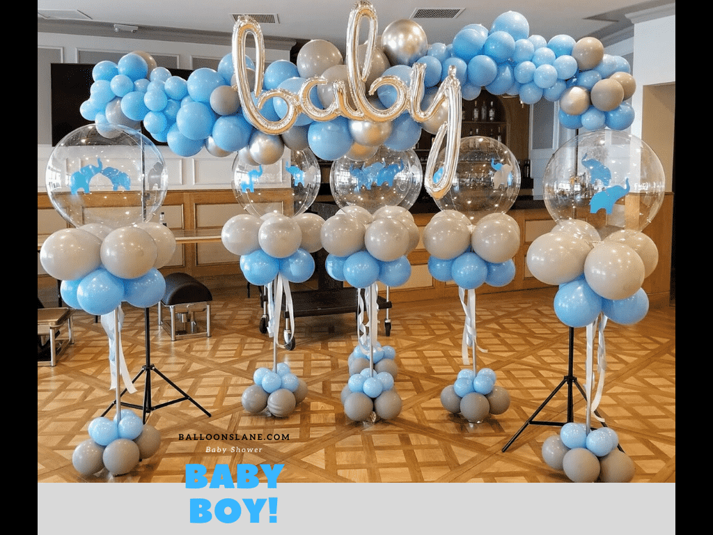 Balloons Lane Balloon delivery NYC in use colors Blue and Sliver balloons Elephant Theme Baby Shower for Column