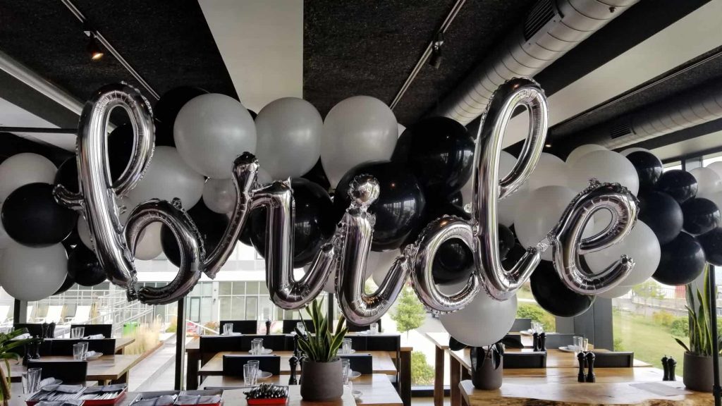 Bridal shower balloons garland arch in black white and silver latex balloons