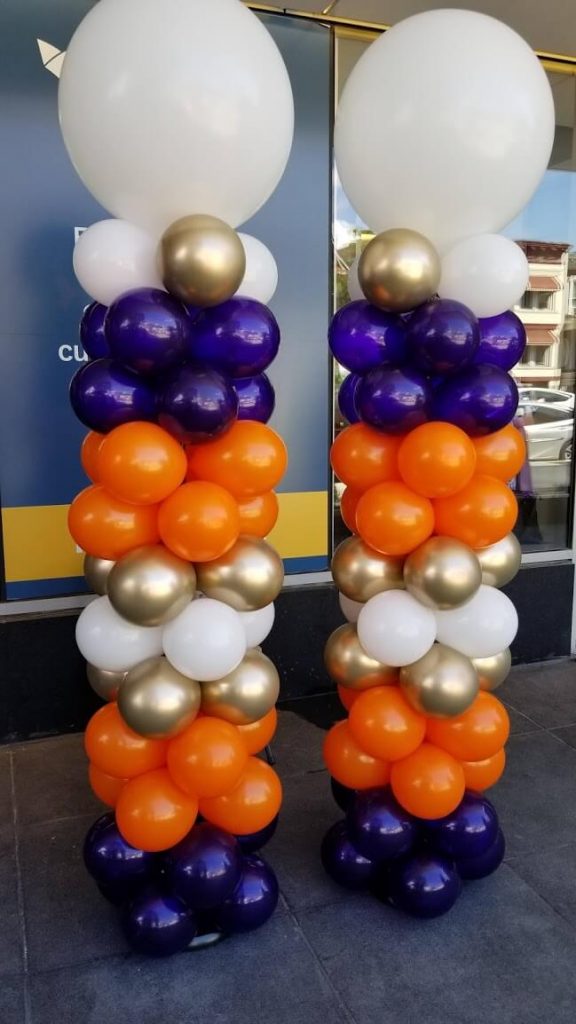 balloons column for outdoor event in purple orange white and gold latex balloons for corporate