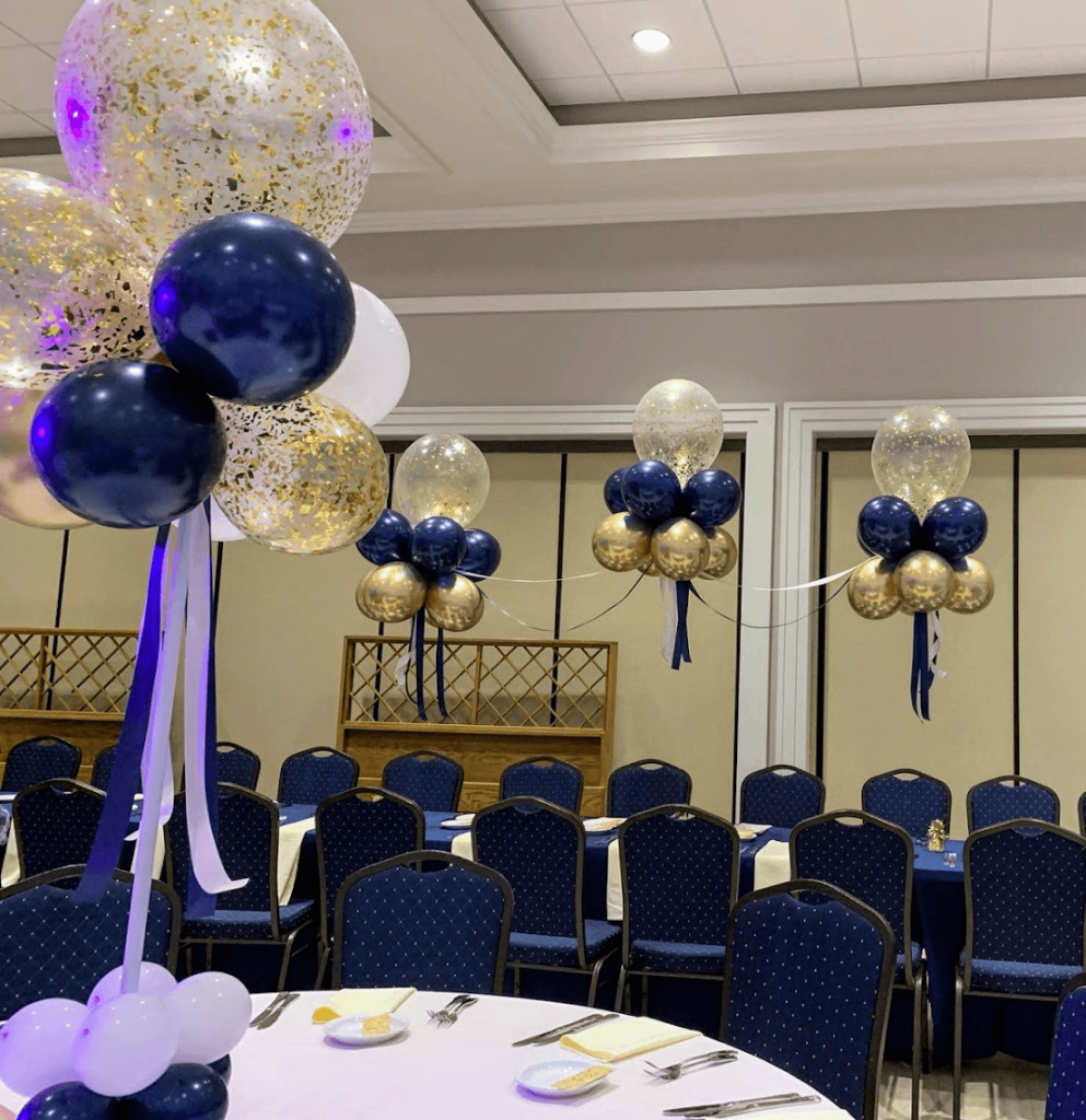 Balloons Lane Balloon delivery Soho colors in use Dark blue white and gold confetti balloons bar mitzvah confetti balloon Centerpiece For Anniversary party