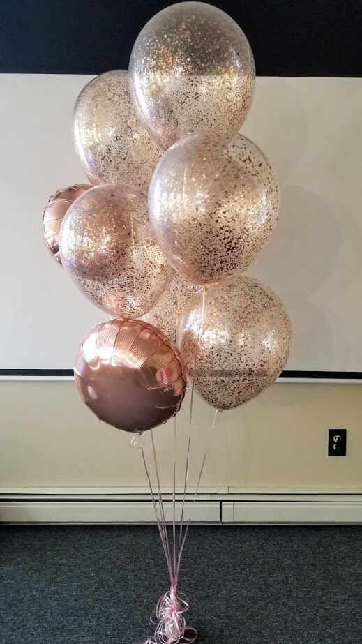 clear rose gold confetti balloons with rose gold mylar balloon