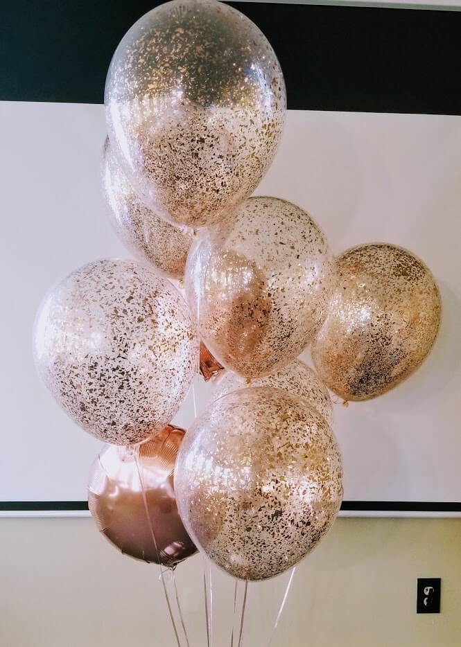 Rose gold confetti balloons with rose gold Mylar balloons for birthday
