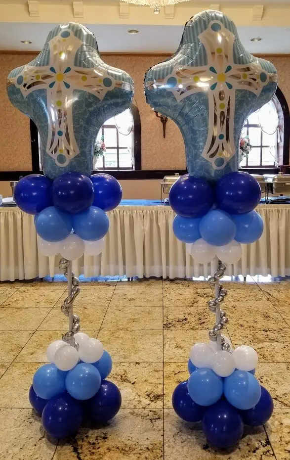 Balloons Lane Balloon delivery Brooklyn in use colors White Blue Caribbean Blue and Navy balloons Communion or christening big cross Mylar balloon floor column