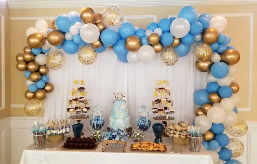 pearl white light blue chrome gold and gold confetti mix balloon sizes balloons garland arch on arch frame