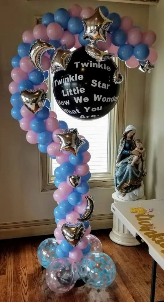Balloons Lane Balloon delivery New York City in use colors Black Pink Blue silver gender reveal balloons question mark balloon stand Column for an Occassion theme