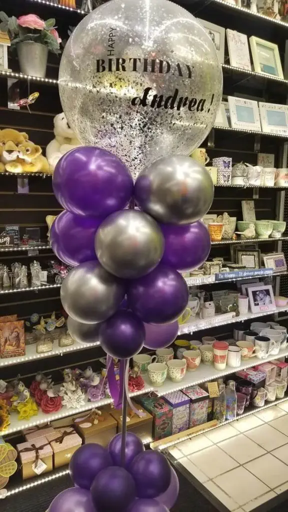 Balloons Lane in use colors purple and light purple jumbo silver confetti personalize balloon balloons for centerpieces for birthday girl brooklyn Centerpiece
