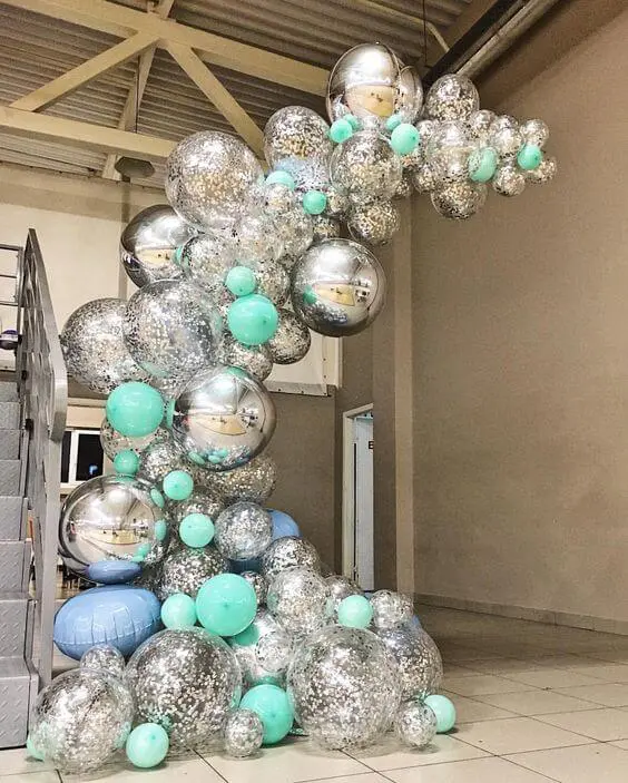 mint green silver orbz and silver confetti balloons garland arch