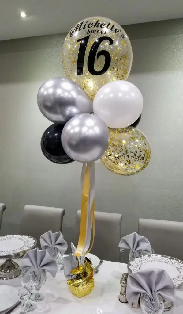 Sweet 16 with Numbers Balloon with Gold, Black, Silver, and White balloon