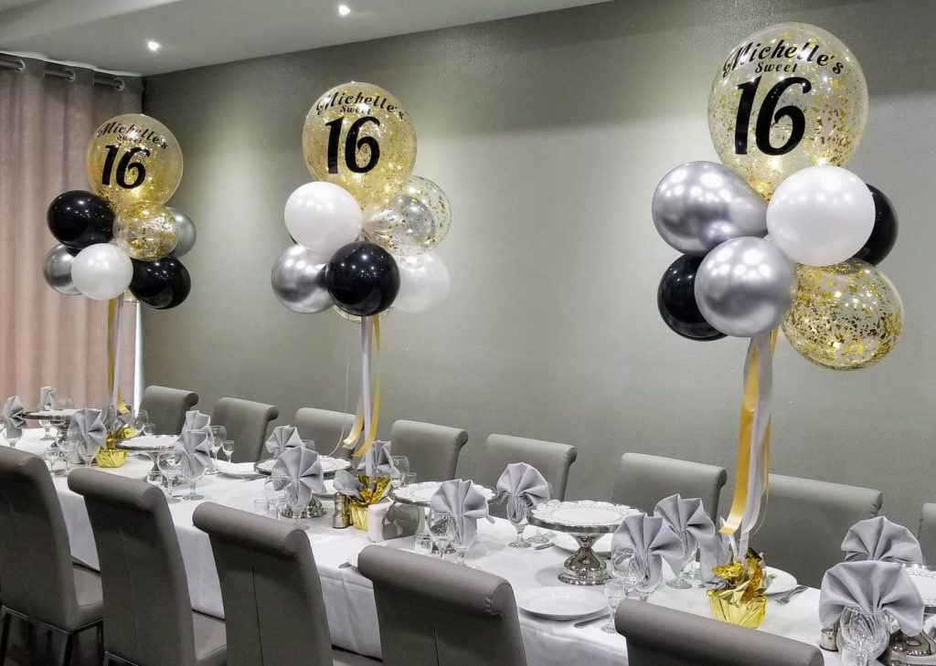 sweet 16 balloons in chrome silver gold and black latex balloon with gold confetti balloon Brooklyn New York