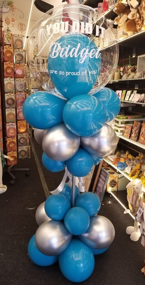 Graduation Balloons-Balloons Lane Balloon delivery Staten Island in use colors teal and silver congrats balloon Column for an Anniversary party theme