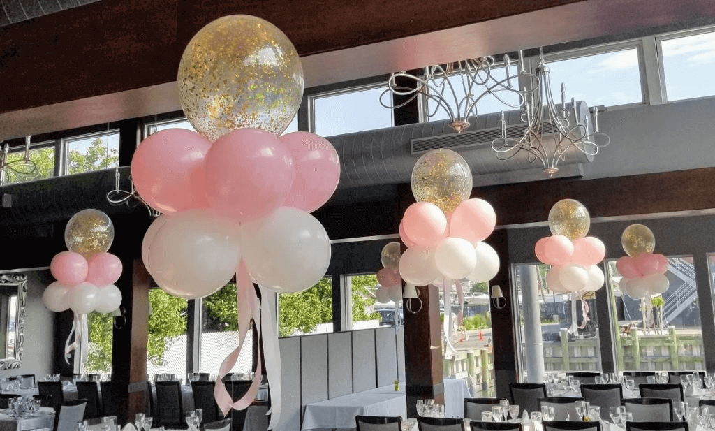 pearl white light pink and gold confetti floating balloons