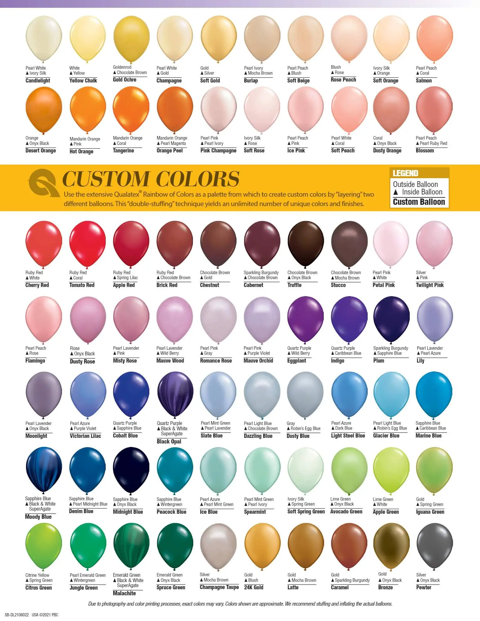 A color chart featuring various shades of latex balloons, with color swatches arranged in rows and columns.