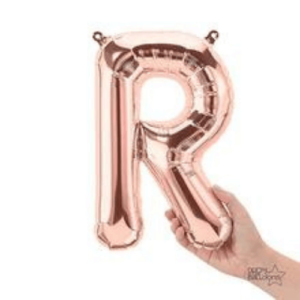 A rose gold letter R foil balloon.