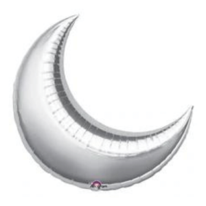 A silver crescent moon balloon with metallic finish.