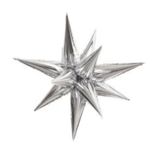 Jumbo Silver Starburst latex balloons, perfect for creating a glamorous backdrop or above a dessert table for weddings, baby showers, and birthday parties in New York City