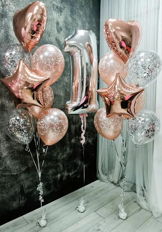 Balloons Lane Balloon delivery NJ in using colors Chrome® Rose Gold and silver balloons With heart and star Balloons Arch for the first birthday