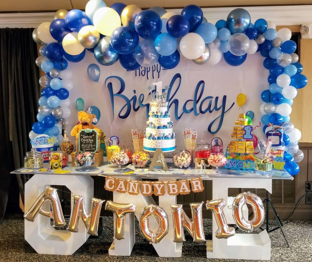 Balloons Lane Balloon delivery Staten Island in using colors Azure Navy White and Silver balloons With letter Balloons Column for first birthday