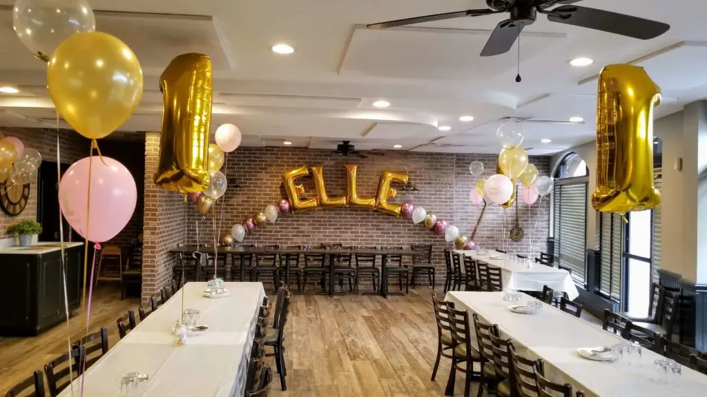 Chrome Mauve, Pink, and Gold Letter Balloons in Gold Centerpiece with Pink, Gold, and Clear Balloon