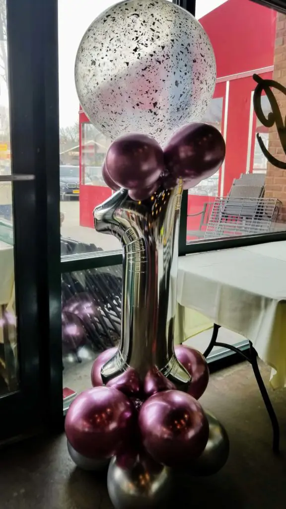 Chrome Mauve and Silver balloons with Number Balloon in Silver Bouquet