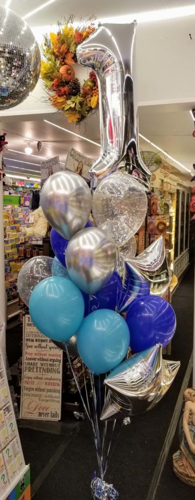 Balloons Lane Balloon delivery New York City in using colors Caribbean Blue Navy and Silver balloons With number balloons 1 in silver Arch for 1st birthday