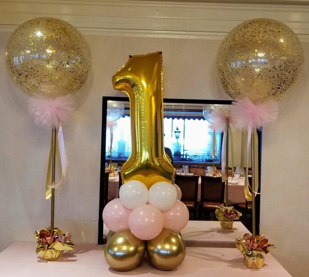 Balloons Lane Balloon delivery New York City in using colors Chrome Gold Pink White and Gold balloons Column For first birthday