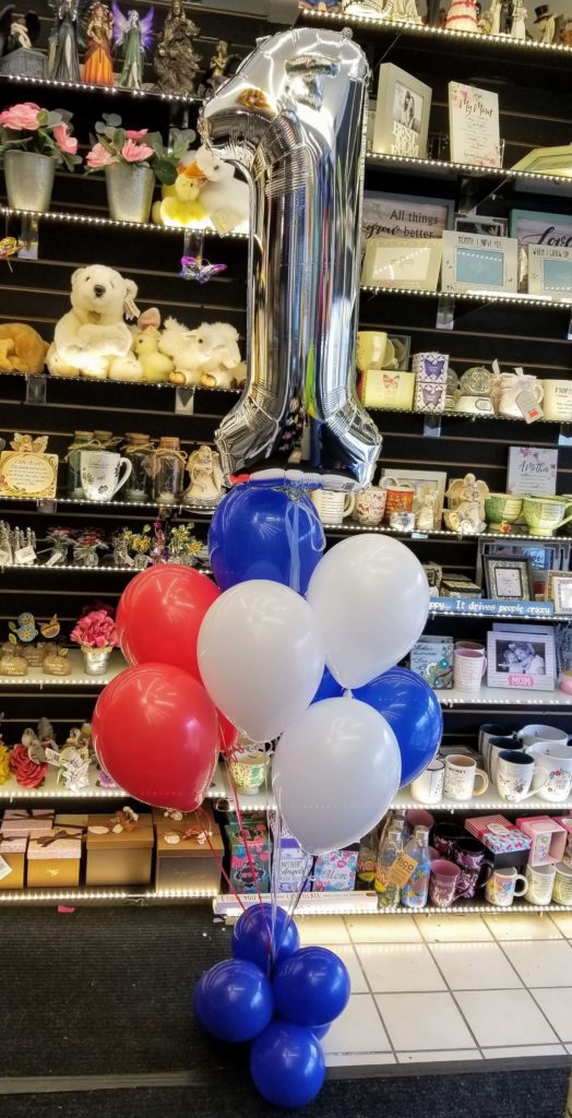 Balloons Lane Balloon delivery Soho in using colors Quartz Purple White Red and Silver balloons With Number 1 in Silver Bouquet for 1st birthday