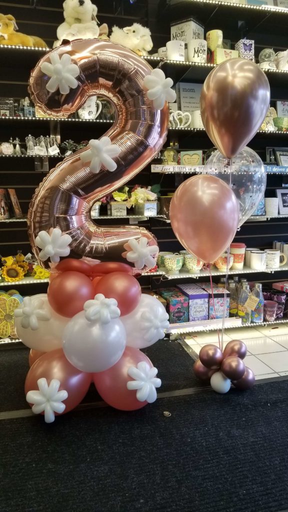 Balloons Lane Balloon delivery NJ in using colors Chrome® Mauve Rose Gold Chrome Gold and White balloons With Number Balloons 2 in Rose Gold Centerpiece For first birthday