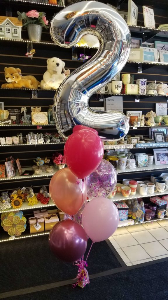 Balloons Lane Balloon delivery NYC in using colors Pink Rose gold Chrome® Mauve Red and Silver balloons With Number Balloons 2 in silver Bouquet For 1st birthday