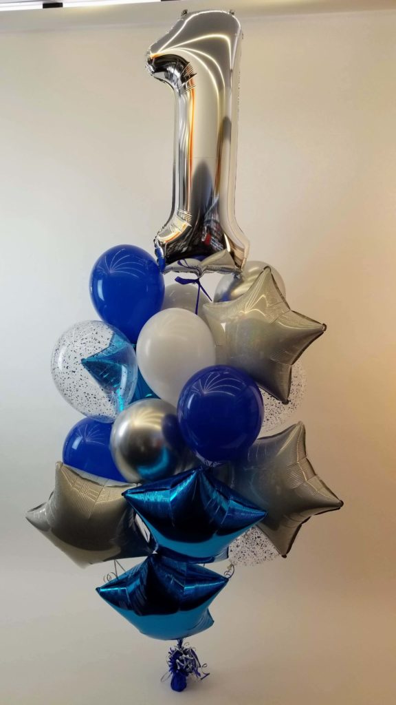 Balloons Lane Balloon delivery Brooklyn in using colors Silver Sapphire Blue Purple balloons With Number Balloons 1 in Silver Column for first birthday