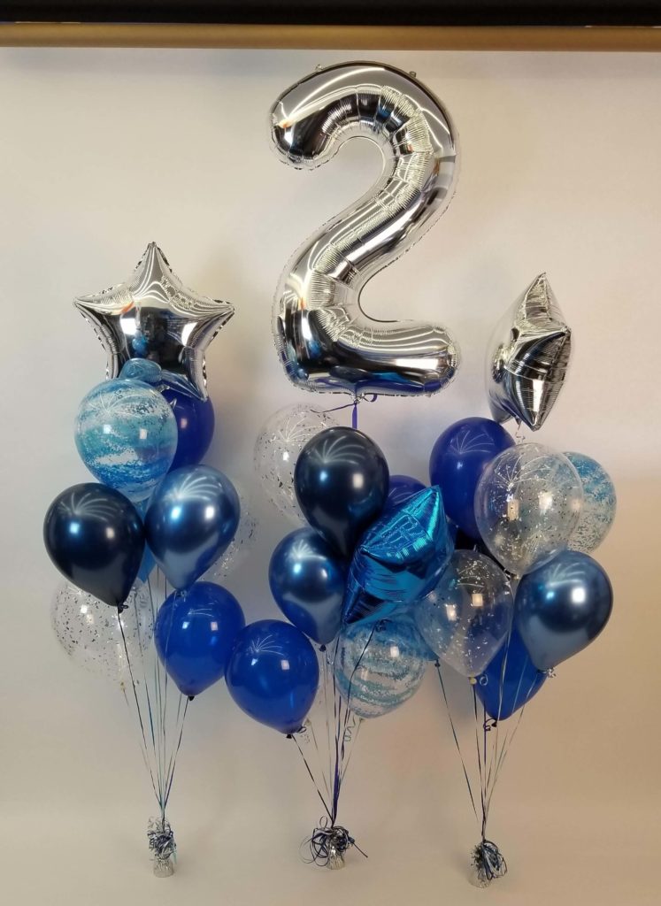 Balloons Lane Balloon delivery New York City in using colors Quartz Purple Blue Midnight Blue and Silver balloons With Number Balloons 2 in Silver Column for one year old birthday