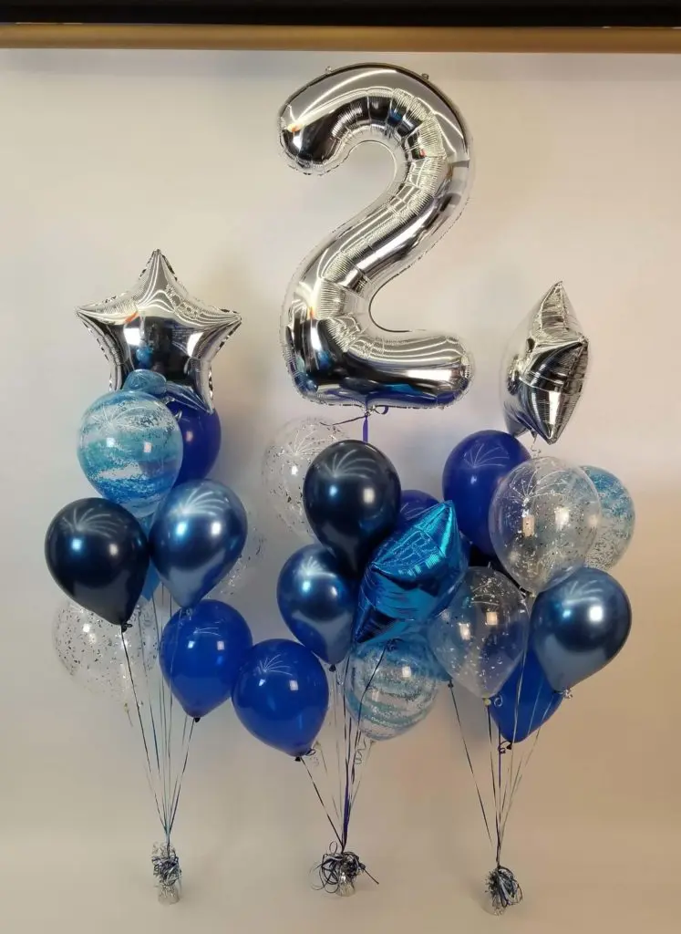 Balloon delivery uses colors Quartz Purple Blue Midnight Blue and Silver balloons With Number Balloons 2 in Silver Column for first birthday boy balloon decorations