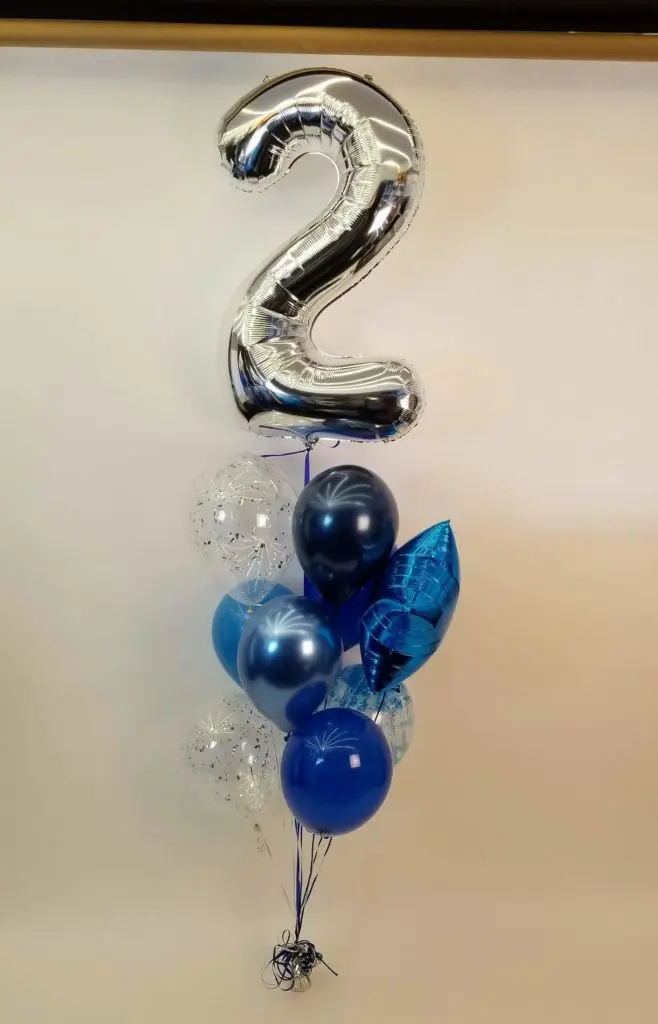 Chrome Blue, Navy Blue, Dark Blue, and Silver balloon decorations with Star Balloons in Dark blue, Number 2 in Silver Balloons Bouquet for second birthday balloon decoration in NYC.