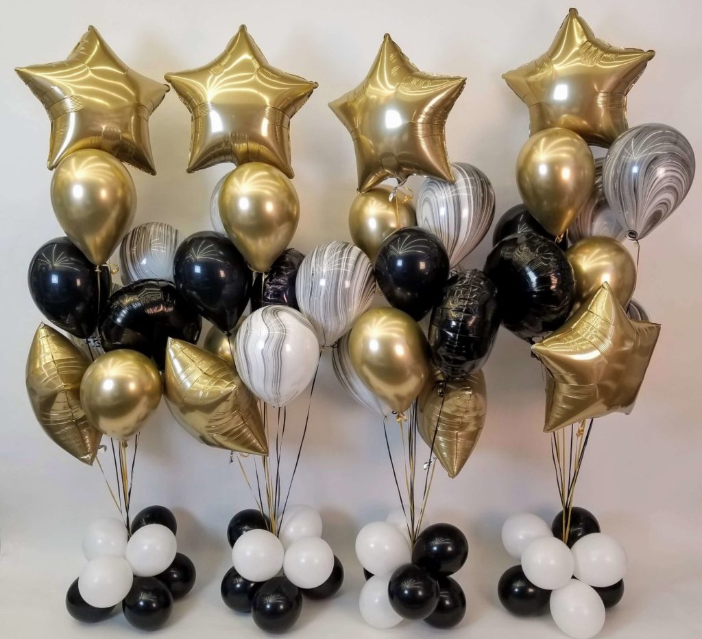 Balloons Lane Balloon delivery Brooklyn in using colors White Black Chrome® Gold balloons With Star Balloons in Chrome® Gold Balloons Bouquet for one year old birthday