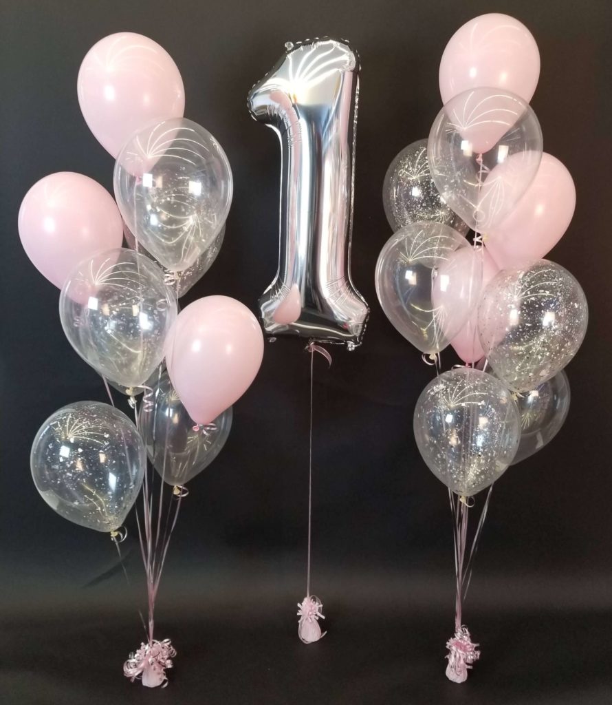 Balloons Lane Balloon delivery Manhattan in using colors Pink and Silver balloons With Number Balloons 1 in Silver Balloons Centerpiece for 1st birthday