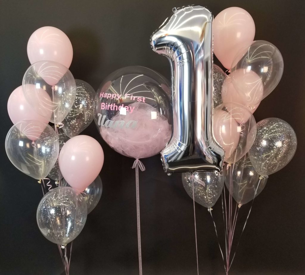 Balloons Lane Balloon delivery Brooklyn in using colors Pink Silver balloons With Number Balloons 1 in Silver Column for first birthday