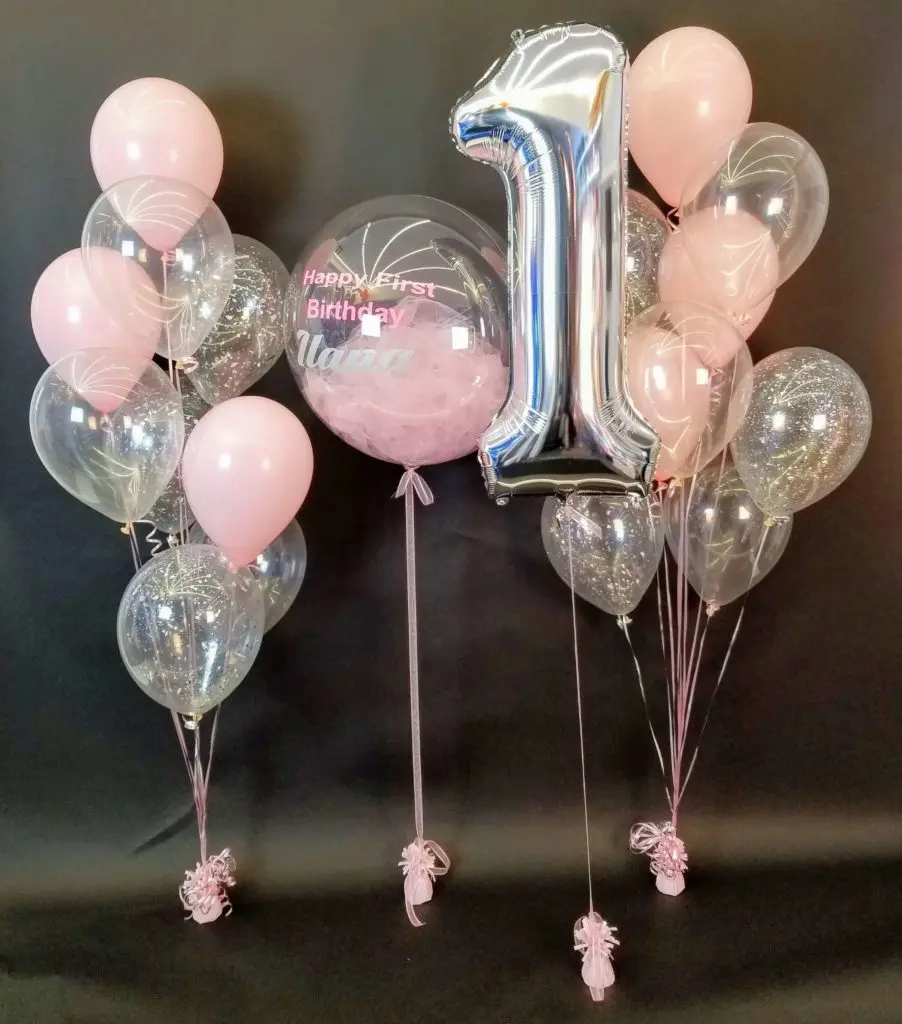 Pink and Silver, Personalized Clear Balloons with a silver number 1 balloon.